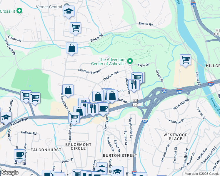 map of restaurants, bars, coffee shops, grocery stores, and more near 275 Hazel Mill Road in Asheville