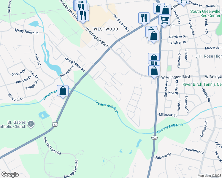 map of restaurants, bars, coffee shops, grocery stores, and more near 1256 Cross Creek Circle in Greenville