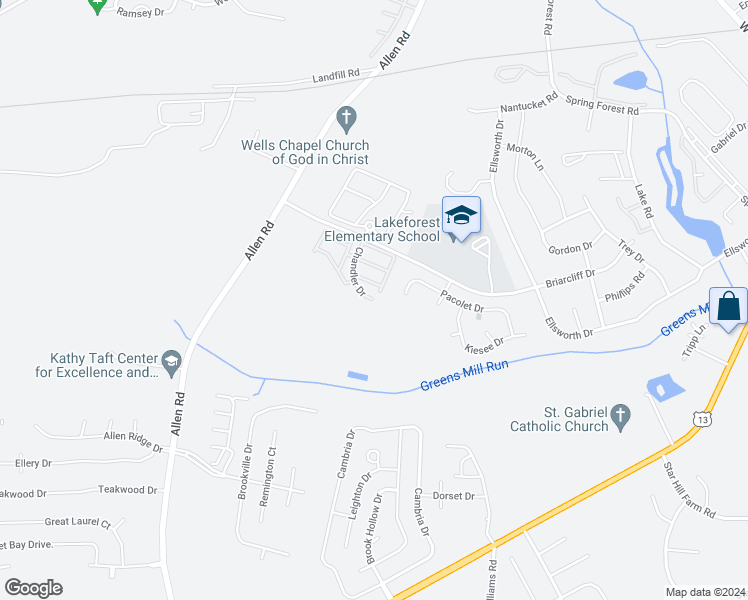 map of restaurants, bars, coffee shops, grocery stores, and more near 136 Chandler Drive in Greenville