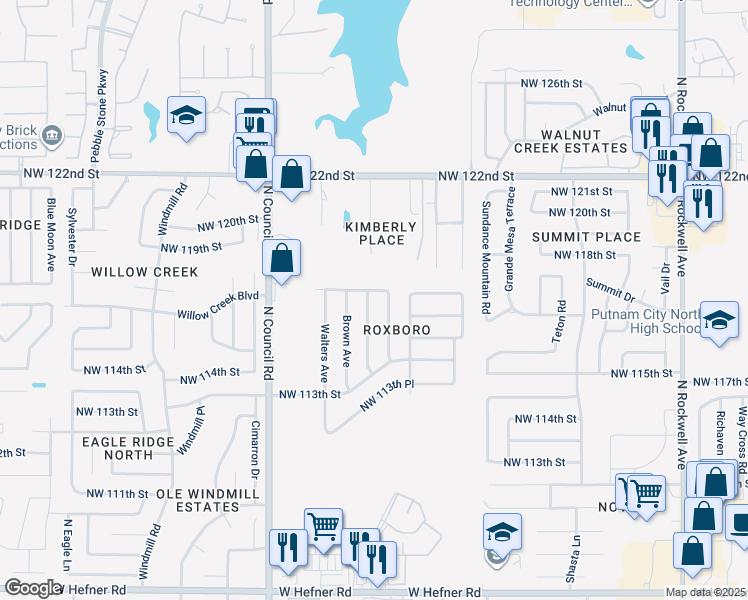 map of restaurants, bars, coffee shops, grocery stores, and more near 11612 Wallace Avenue in Oklahoma City