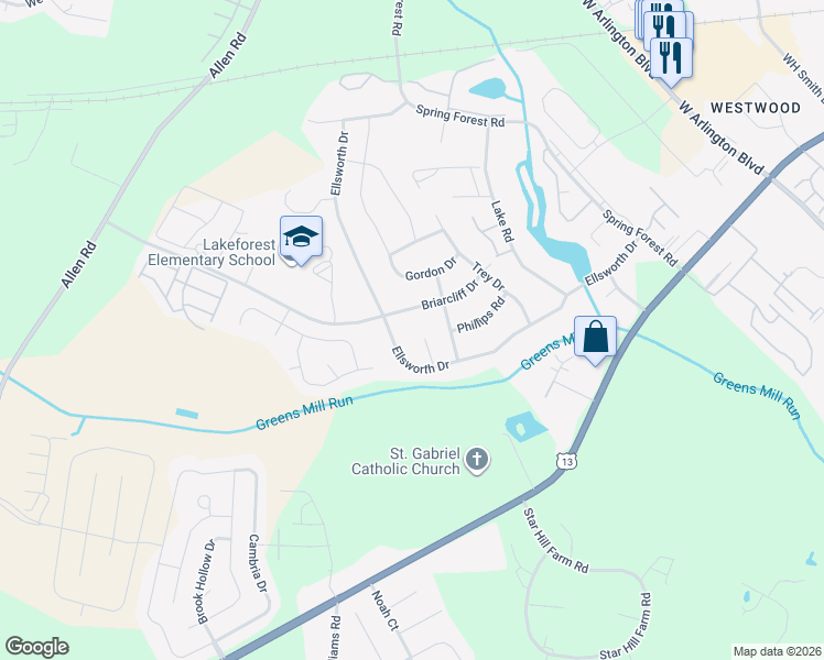 map of restaurants, bars, coffee shops, grocery stores, and more near 207 Whittington Cir in Greenville