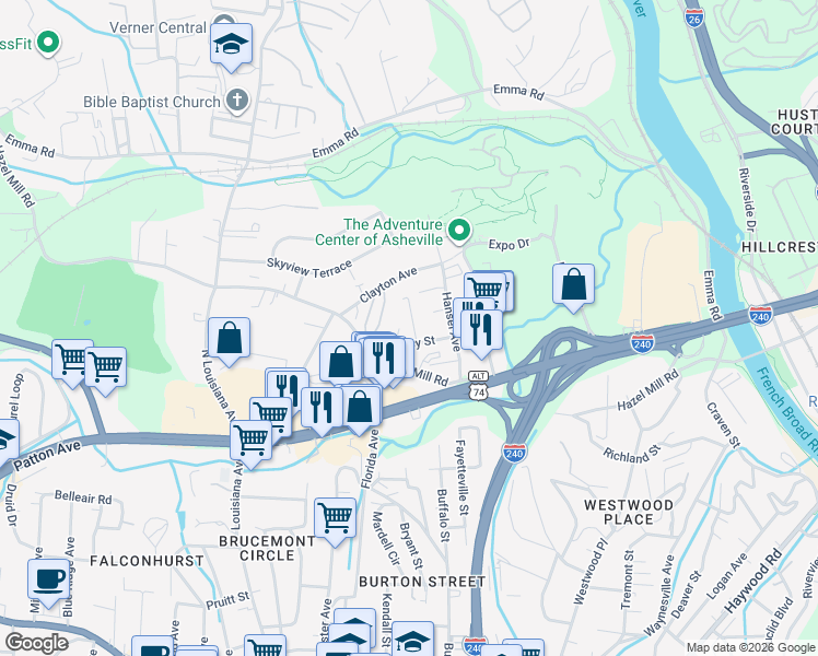 map of restaurants, bars, coffee shops, grocery stores, and more near 20 Townview Drive in Asheville