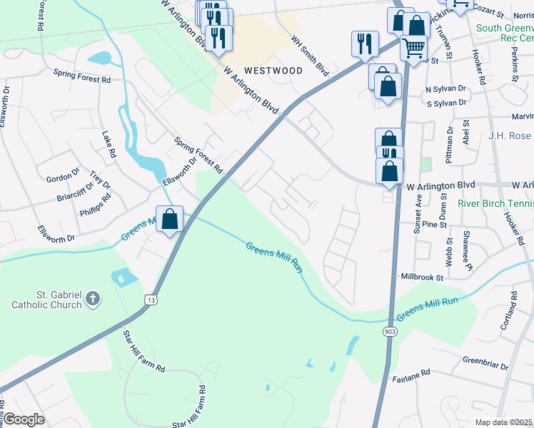 map of restaurants, bars, coffee shops, grocery stores, and more near Cross Creek Circle in Greenville