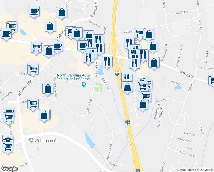 map of restaurants, bars, coffee shops, grocery stores, and more near Ridge Hill Dr in Mooresville