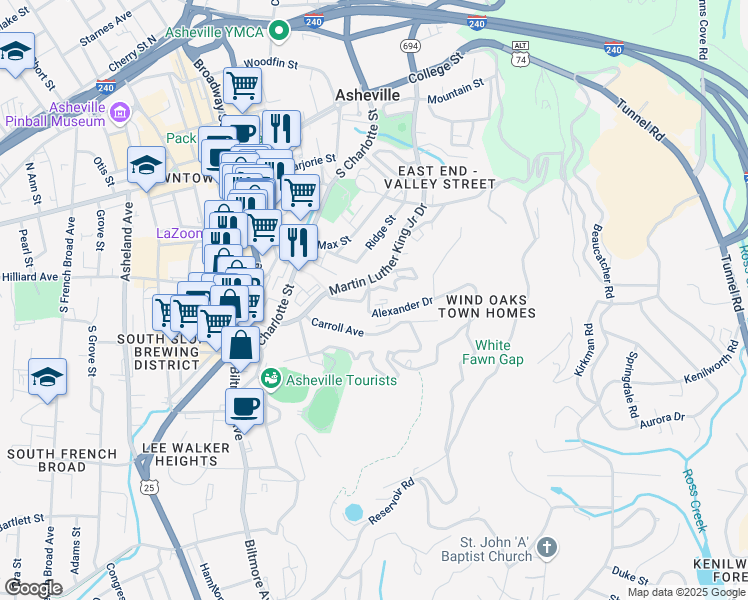 map of restaurants, bars, coffee shops, grocery stores, and more near 600 North Skyloft Drive in Asheville