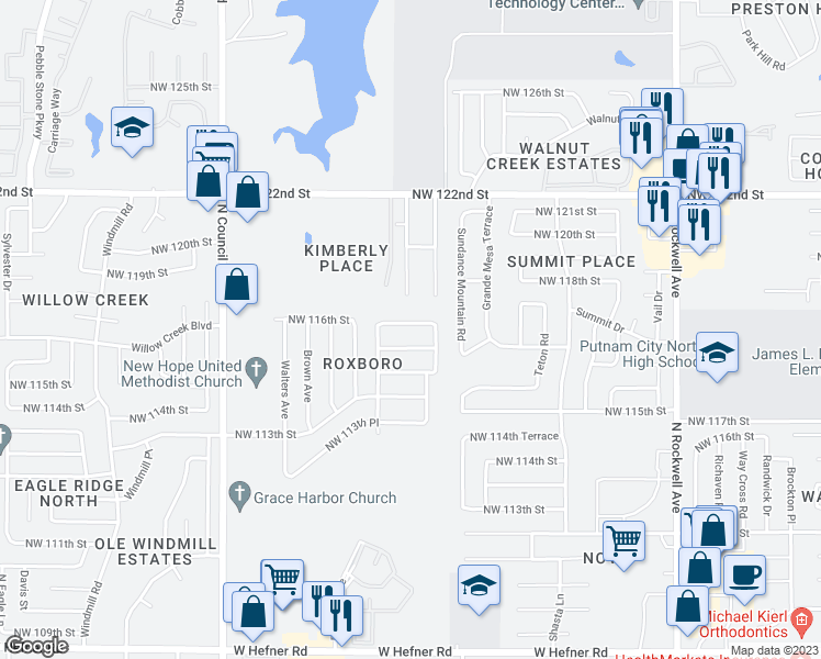 map of restaurants, bars, coffee shops, grocery stores, and more near 7516 Northwest 116th Street in Oklahoma City