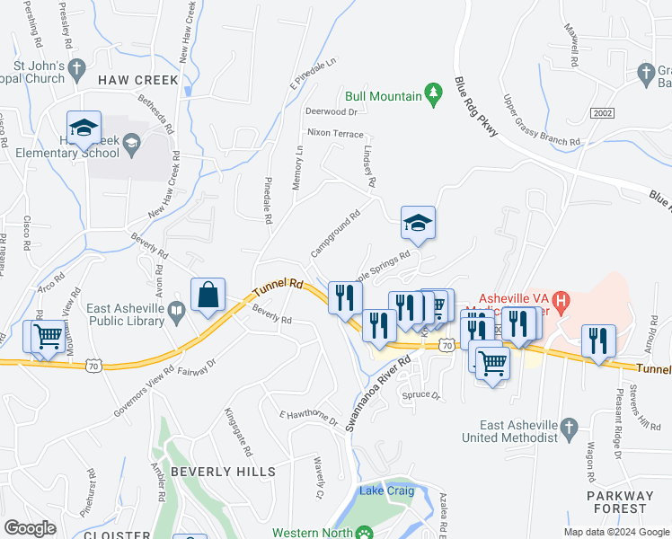 map of restaurants, bars, coffee shops, grocery stores, and more near 17 Campground Road in Asheville