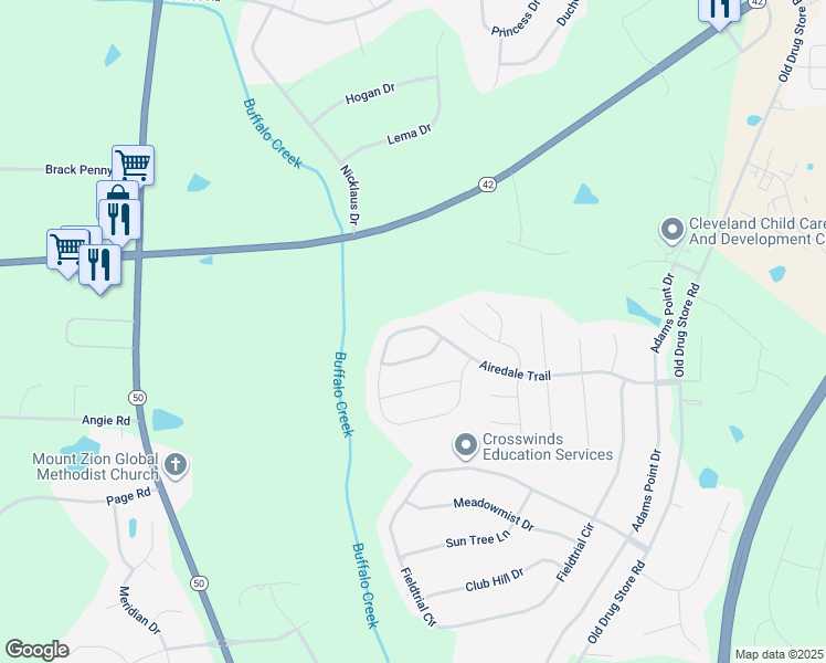 map of restaurants, bars, coffee shops, grocery stores, and more near 595 Airedale Trail in Garner