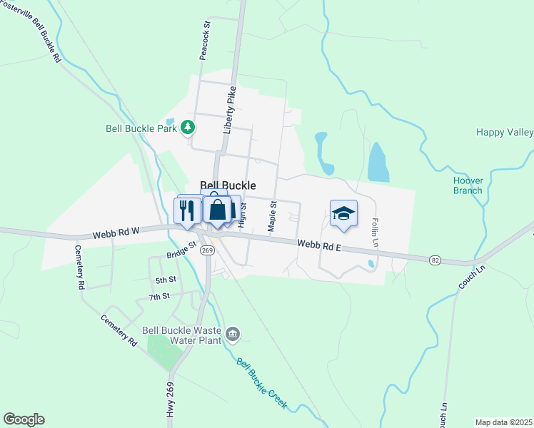 map of restaurants, bars, coffee shops, grocery stores, and more near 107 Maple Street in Bell Buckle