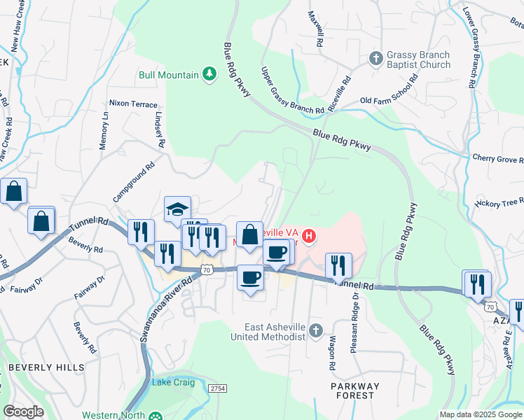 map of restaurants, bars, coffee shops, grocery stores, and more near 122 La Mancha Drive in Asheville