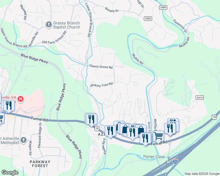 map of restaurants, bars, coffee shops, grocery stores, and more near 45 Shenandoah Road in Asheville