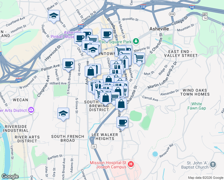 map of restaurants, bars, coffee shops, grocery stores, and more near 159 Church Street in Asheville