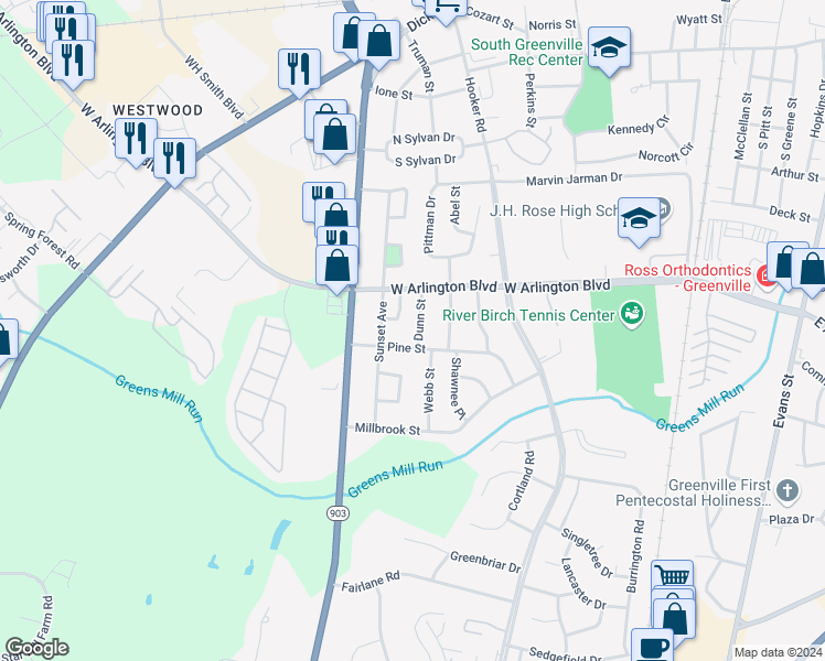 map of restaurants, bars, coffee shops, grocery stores, and more near 2614 Dunn Street in Greenville