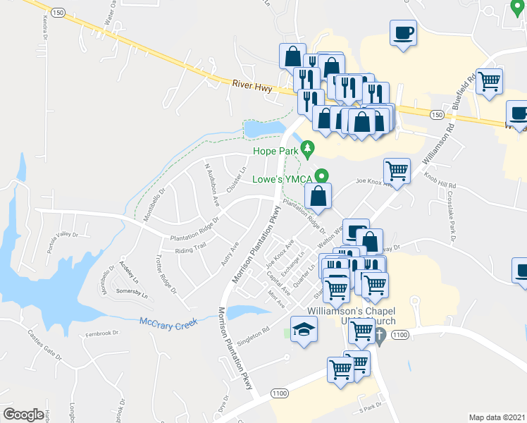 map of restaurants, bars, coffee shops, grocery stores, and more near 111 Autry Avenue in Mooresville