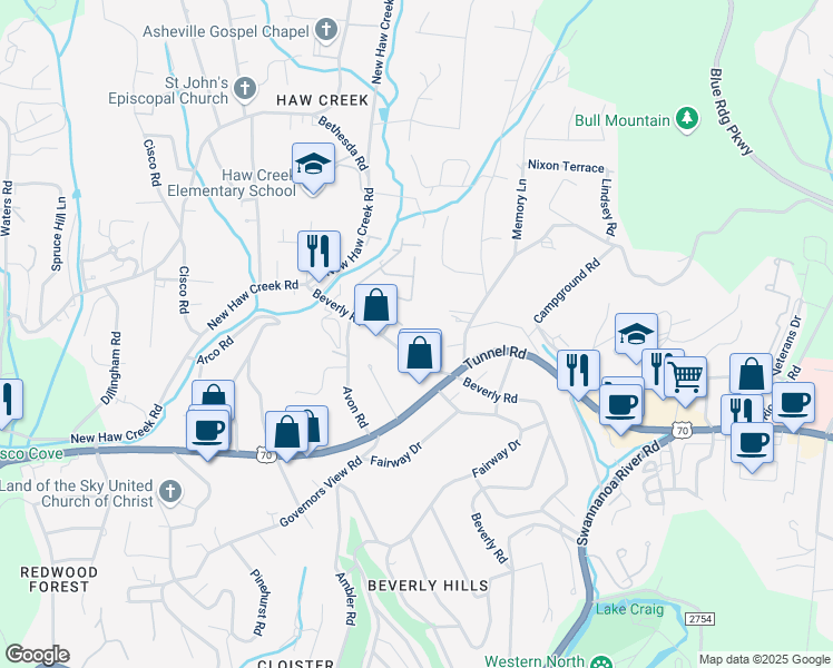 map of restaurants, bars, coffee shops, grocery stores, and more near 68 Beverly Road in Asheville