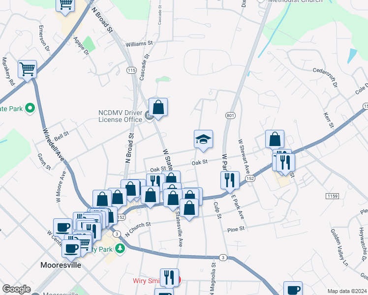 map of restaurants, bars, coffee shops, grocery stores, and more near 632 Boger Street in Mooresville