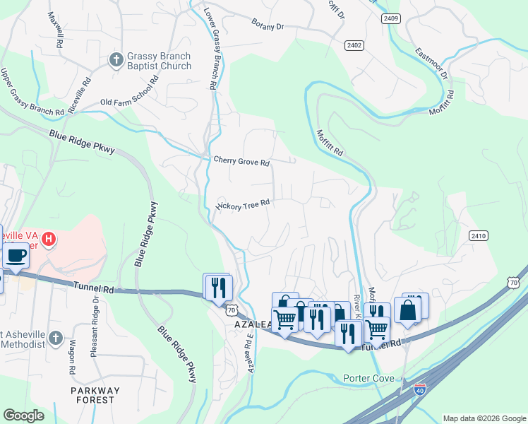 map of restaurants, bars, coffee shops, grocery stores, and more near 45 Shenandoah Road in Asheville