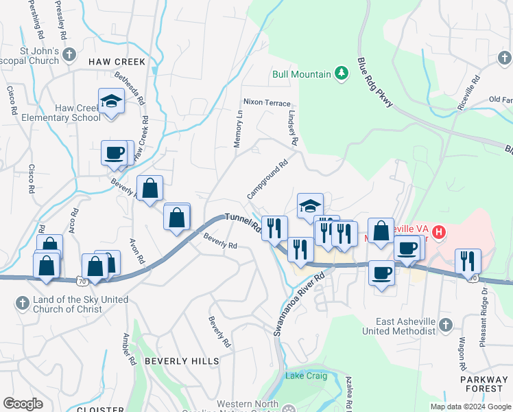 map of restaurants, bars, coffee shops, grocery stores, and more near 99999 Governors View Road in Asheville