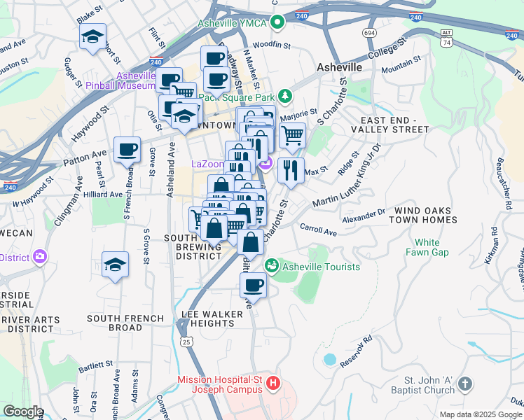 map of restaurants, bars, coffee shops, grocery stores, and more near 130 U.S. 25 in Asheville