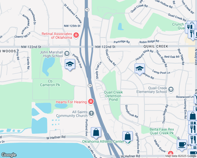map of restaurants, bars, coffee shops, grocery stores, and more near 11812 Springhollow Road in Oklahoma City