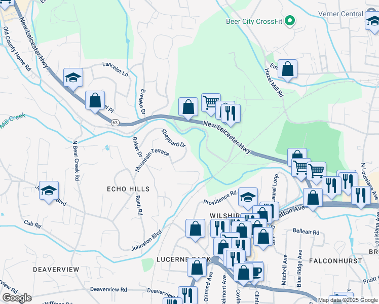 map of restaurants, bars, coffee shops, grocery stores, and more near 8 Sheppard Drive in Asheville