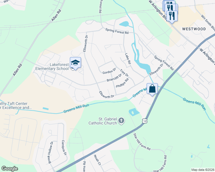 map of restaurants, bars, coffee shops, grocery stores, and more near 207 Whittington Circle in Greenville