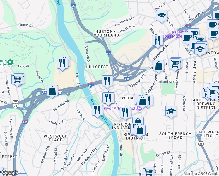 map of restaurants, bars, coffee shops, grocery stores, and more near 10 Roberts Street in Asheville