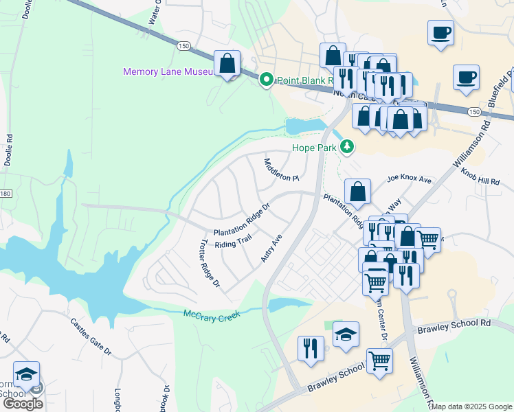 map of restaurants, bars, coffee shops, grocery stores, and more near 105 North Audubon Avenue in Mooresville