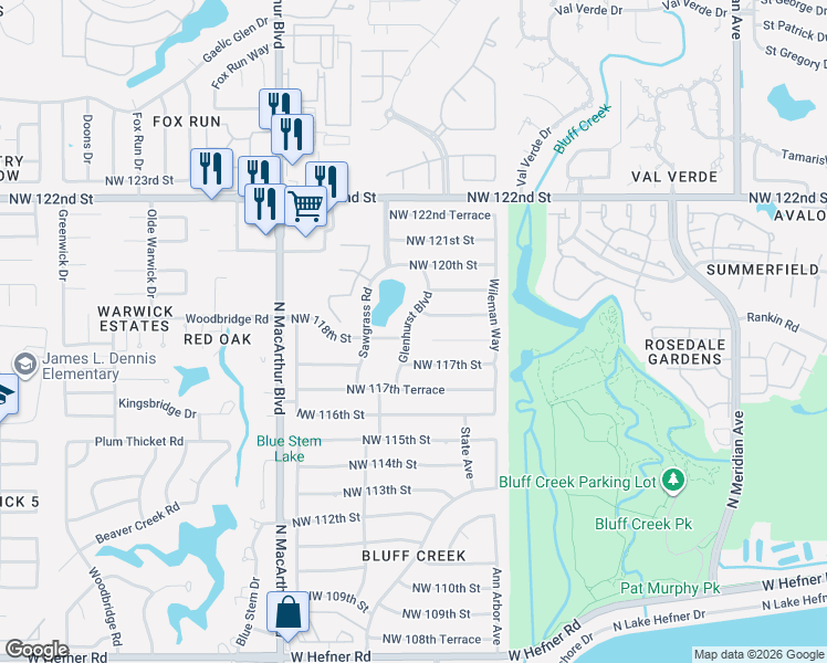 map of restaurants, bars, coffee shops, grocery stores, and more near 11900 Glenhurst Boulevard in Oklahoma City