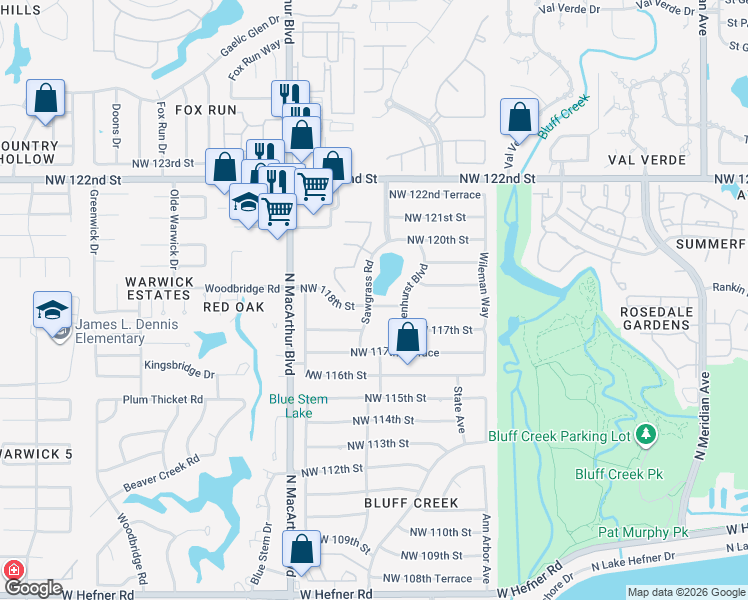 map of restaurants, bars, coffee shops, grocery stores, and more near 11900 Sawgrass Road in Oklahoma City