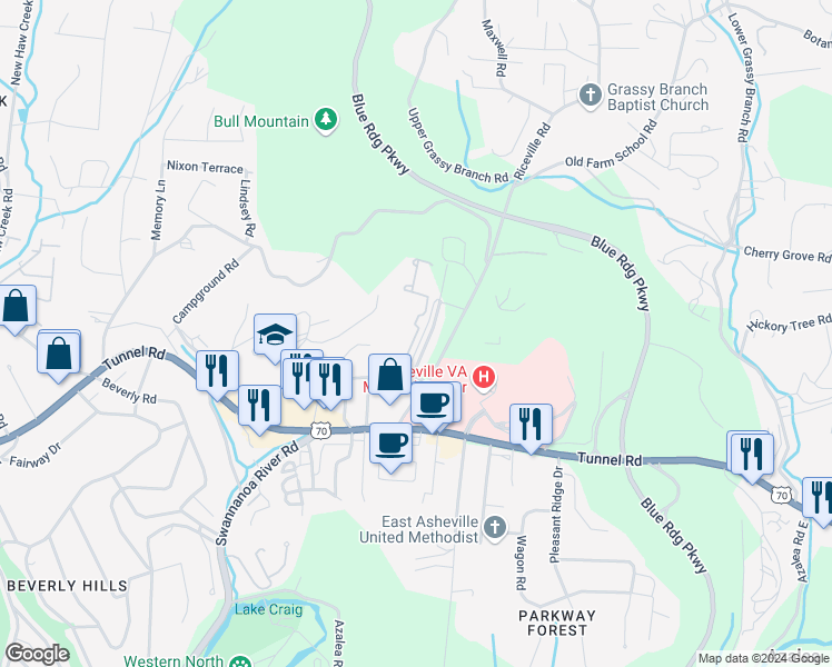 map of restaurants, bars, coffee shops, grocery stores, and more near 101 La Mancha Drive in Asheville