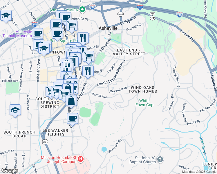 map of restaurants, bars, coffee shops, grocery stores, and more near 10 Alexander Drive in Asheville
