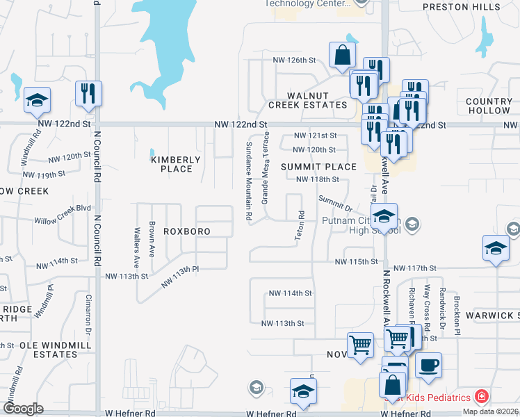 map of restaurants, bars, coffee shops, grocery stores, and more near 11704 Grande Mesa Terrace in Oklahoma City