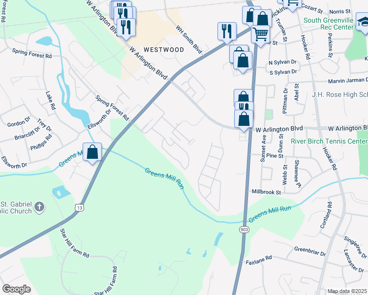 map of restaurants, bars, coffee shops, grocery stores, and more near 1221 Cross Creek Circle in Greenville