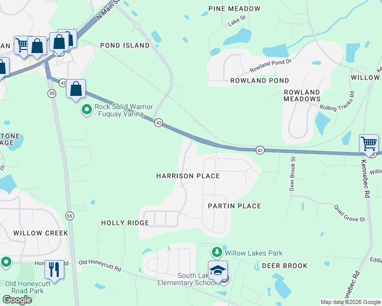 map of restaurants, bars, coffee shops, grocery stores, and more near 1815 Glacier Court in Fuquay Varina