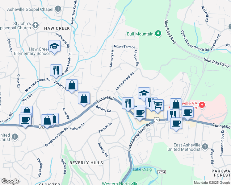 map of restaurants, bars, coffee shops, grocery stores, and more near 99999 Governors View Road in Asheville