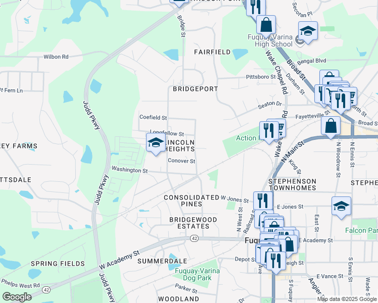map of restaurants, bars, coffee shops, grocery stores, and more near 405 Cherry Street in Fuquay-Varina