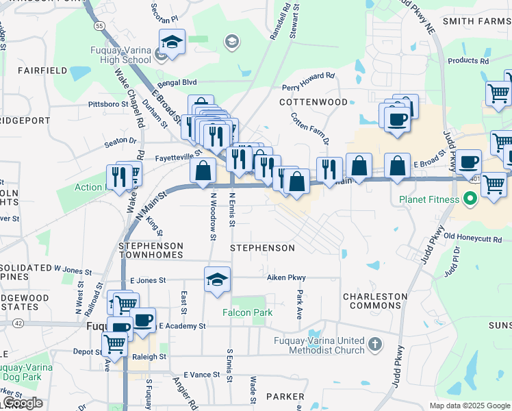 map of restaurants, bars, coffee shops, grocery stores, and more near 704 Faucette Street in Fuquay Varina