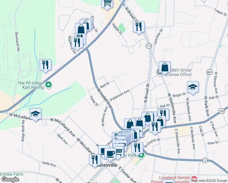 map of restaurants, bars, coffee shops, grocery stores, and more near 330 Patterson Avenue in Mooresville
