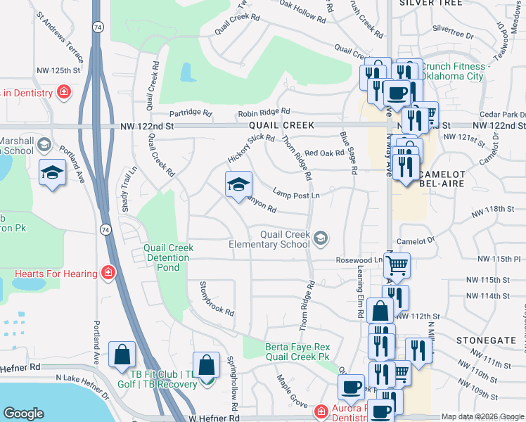 map of restaurants, bars, coffee shops, grocery stores, and more near 3124 Canyon Road in Oklahoma City