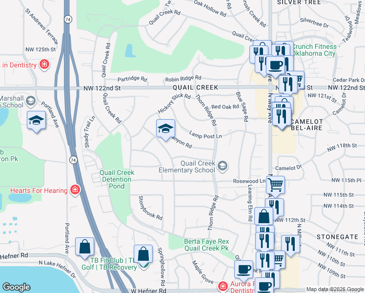 map of restaurants, bars, coffee shops, grocery stores, and more near 3124 Canyon Road in Oklahoma City