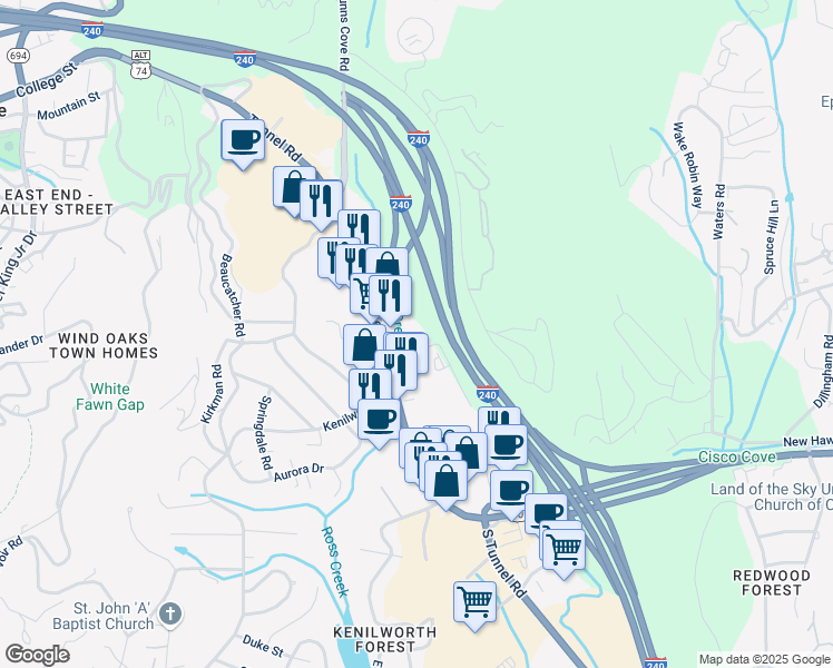map of restaurants, bars, coffee shops, grocery stores, and more near 2 Kenilworth Knolls in Asheville
