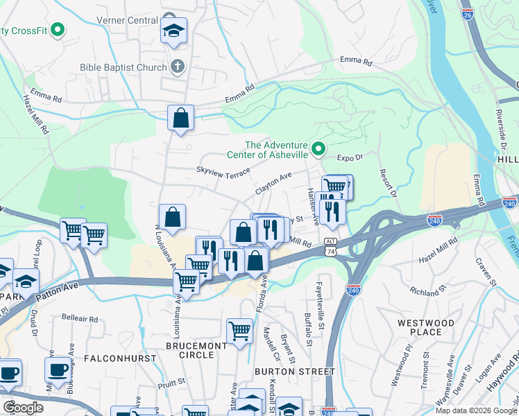 map of restaurants, bars, coffee shops, grocery stores, and more near 275 Hazel Mill Road in Asheville