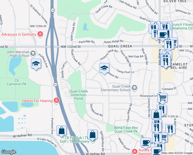 map of restaurants, bars, coffee shops, grocery stores, and more near 3416 Prairie Grass Road in Oklahoma City