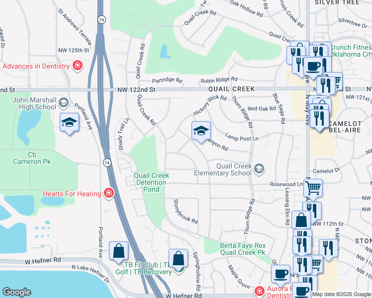 map of restaurants, bars, coffee shops, grocery stores, and more near 3416 Prairie Grass Road in Oklahoma City