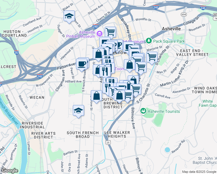 map of restaurants, bars, coffee shops, grocery stores, and more near 111 Coxe Ave in Asheville