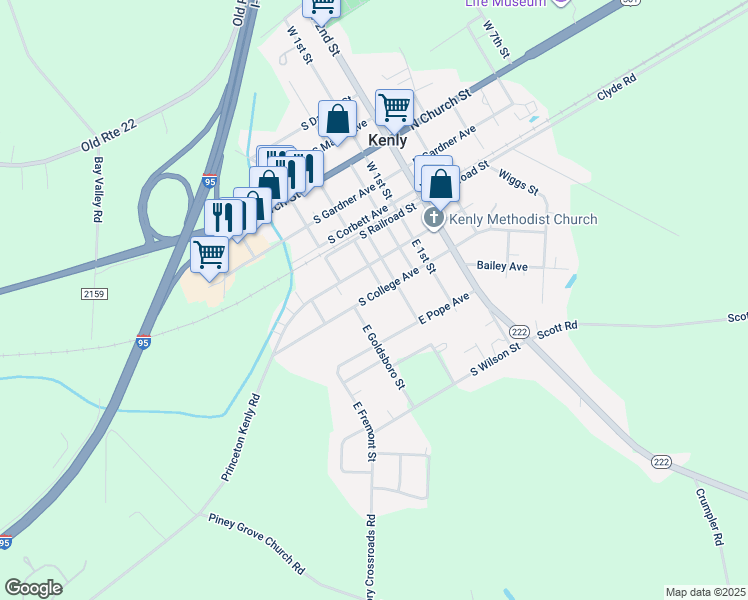 map of restaurants, bars, coffee shops, grocery stores, and more near 300 South College Avenue in Kenly