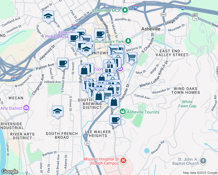 map of restaurants, bars, coffee shops, grocery stores, and more near 155 South Lexington Avenue in Asheville