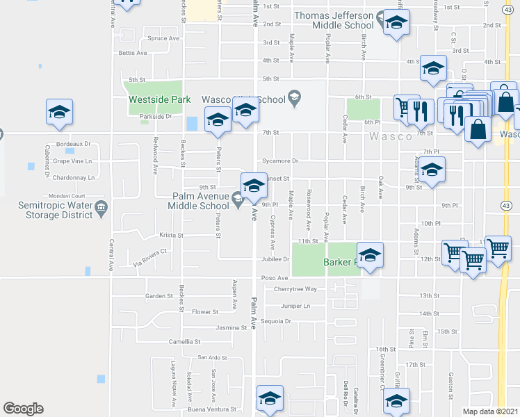 map of restaurants, bars, coffee shops, grocery stores, and more near 1002 Palm Avenue in Wasco