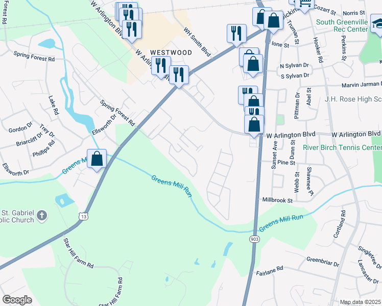 map of restaurants, bars, coffee shops, grocery stores, and more near 1225 Cross Creek Circle in Greenville
